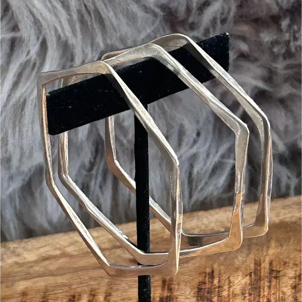 Vintage 90s Sterling Silver Hexagonal Stacking Bangle Set of 3